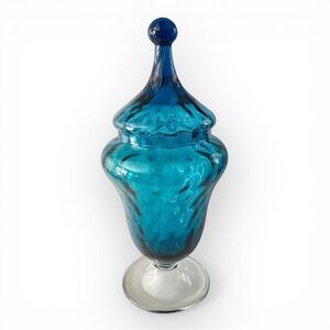Teal Blue Handblown Glass Lidded Jar - Decorative Home Art